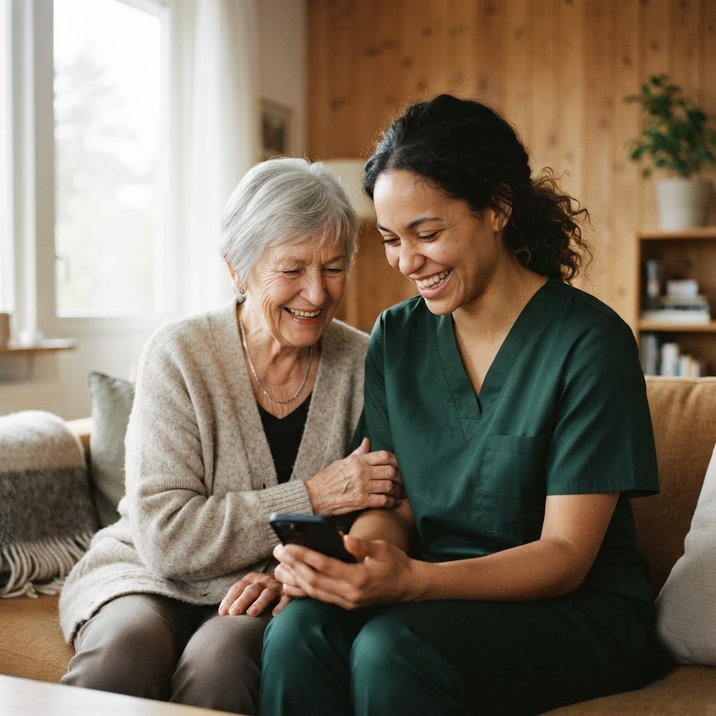 A caregiver and an older woman sharing a laugh at home