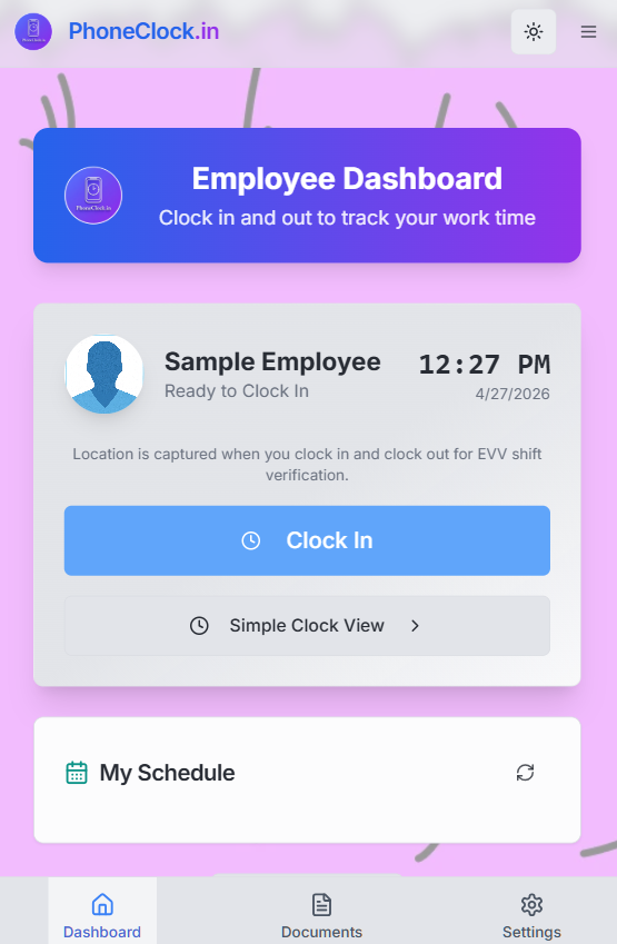 PhoneClock.In employee dashboard with clock-in button